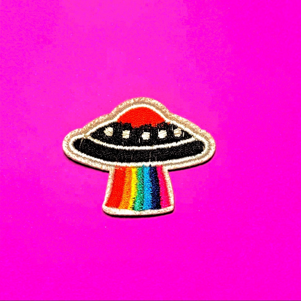 Rainbow UFO iron On patch w/ white border